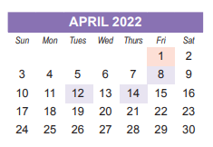 District School Academic Calendar for Aero Alt Ed Resource Option for April 2022