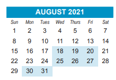 District School Academic Calendar for Leopold Elementary for August 2021