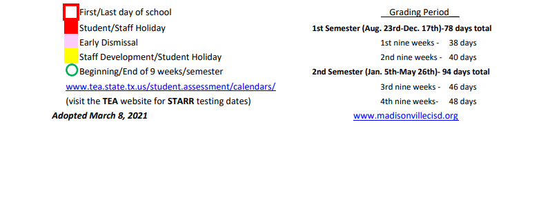 District School Academic Calendar Key for Madisonville High School