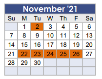 District School Academic Calendar for Tom R Ellisor Elementary for November 2021