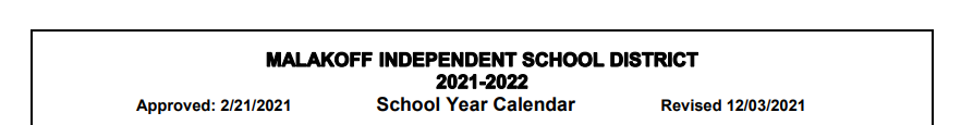 District School Academic Calendar for Malakoff Elementary