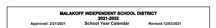 District School Academic Calendar for Malakoff Alternative Program (map)