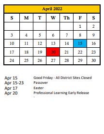 District School Academic Calendar for William H. Bashaw Elementary for April 2022