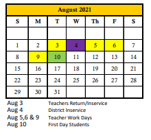 District School Academic Calendar for Children's Haven for August 2021