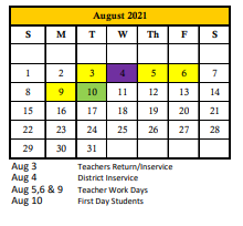 District School Academic Calendar for W. D. Sugg Middle School for August 2021