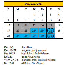 District School Academic Calendar for William H. Bashaw Elementary for December 2021