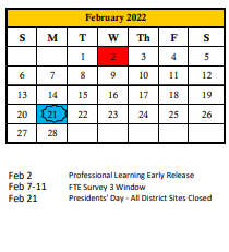 District School Academic Calendar for William H. Bashaw Elementary for February 2022
