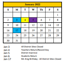 District School Academic Calendar for Easter Seals for January 2022