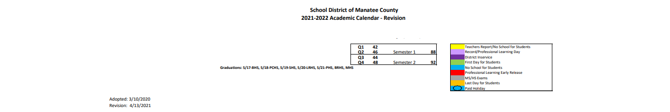 District School Academic Calendar Key for Manatee High School