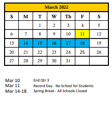 District School Academic Calendar for Manatee Glens for March 2022