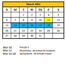 District School Academic Calendar for William H. Bashaw Elementary for March 2022