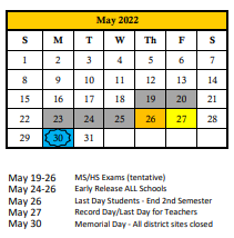 District School Academic Calendar for Electa Lee Magnet Middle School for May 2022