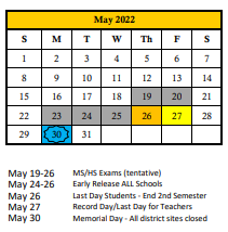 District School Academic Calendar for Easter Seals for May 2022