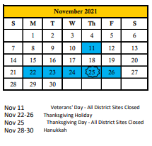 District School Academic Calendar for Just For Girls for November 2021