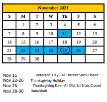 District School Academic Calendar for William H. Bashaw Elementary for November 2021