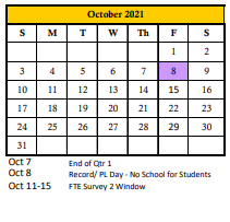 District School Academic Calendar for William H. Bashaw Elementary for October 2021