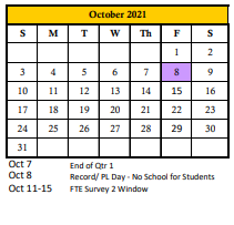 District School Academic Calendar for Richard Milburn Academy for October 2021