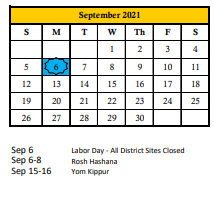 District School Academic Calendar for Just For Girls for September 2021