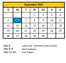 District School Academic Calendar for Easter Seals for September 2021