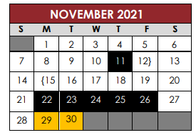 District School Academic Calendar for Bluebonnet Trail Elementary School for November 2021