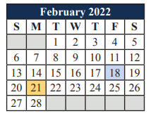 District School Academic Calendar for Elizabeth Smith Elementary for February 2022