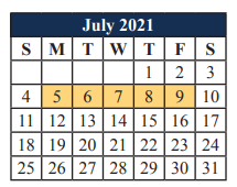 District School Academic Calendar for T A Howard Middle for July 2021