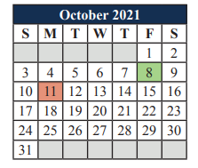 District School Academic Calendar for Mansfield Legacy High School for October 2021