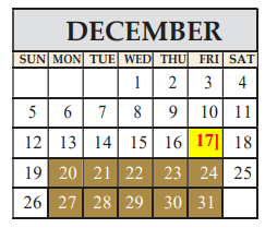 District School Academic Calendar for Marble Falls El for December 2021