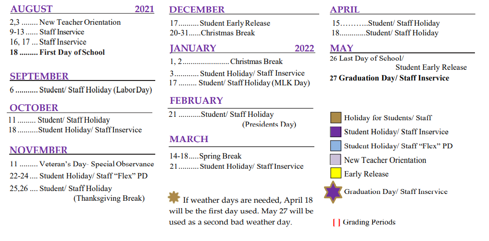 District School Academic Calendar Key for Falls Career H S