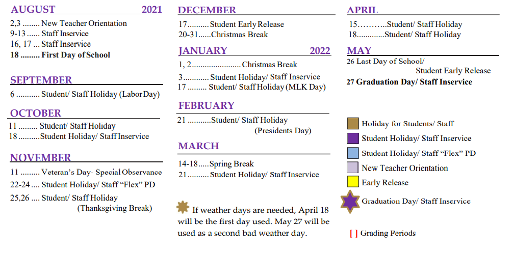 District School Academic Calendar Key for Colt Elementary