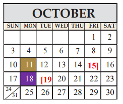 District School Academic Calendar for Marble Falls El for October 2021