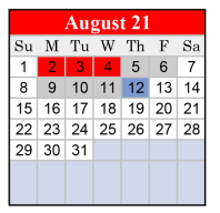 District School Academic Calendar for Marshall H S for August 2021