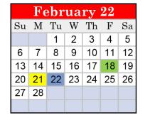District School Academic Calendar for Marshall J H for February 2022