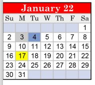 District School Academic Calendar for Marshall J H for January 2022