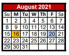 District School Academic Calendar for Mccraw Junior High for August 2021