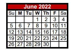 District School Academic Calendar for Weber Hardin Elementary for June 2022