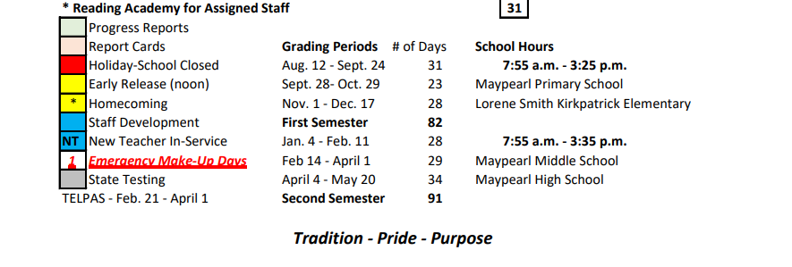 District School Academic Calendar Key for Maypearl Junior High