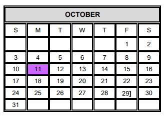District School Academic Calendar for Michael E Fossum Middle School for October 2021