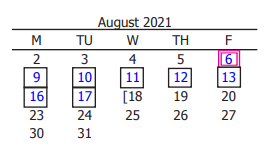 District School Academic Calendar for Isbill Junior High for August 2021