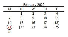 District School Academic Calendar for Isbill Junior High for February 2022