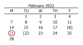 District School Academic Calendar for Challenge Academy for February 2022