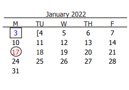 District School Academic Calendar for Challenge Academy for January 2022