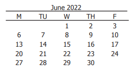 District School Academic Calendar for Challenge Academy for June 2022