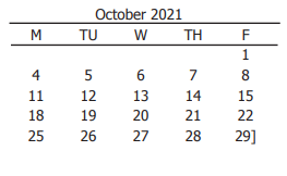 District School Academic Calendar for Challenge Academy for October 2021