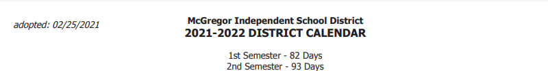 District School Academic Calendar for Mcgregor High School