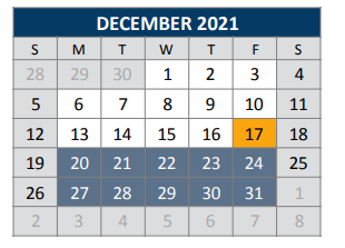 District School Academic Calendar for Jose De Jesus And Maria Luisa Vega for December 2021