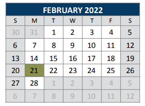 District School Academic Calendar for J J A E P for February 2022