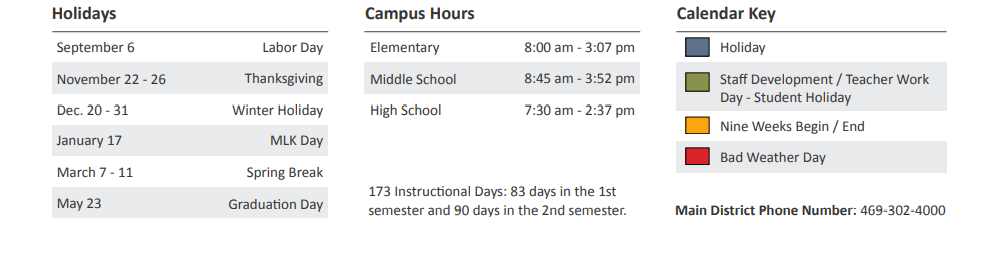 Mckinney High School School District Instructional Calendar 