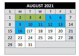 District School Academic Calendar for Bexar County Juvenile Justice Acad for August 2021