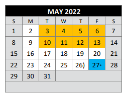 District School Academic Calendar for Bexar County Juvenile Justice Acad for May 2022